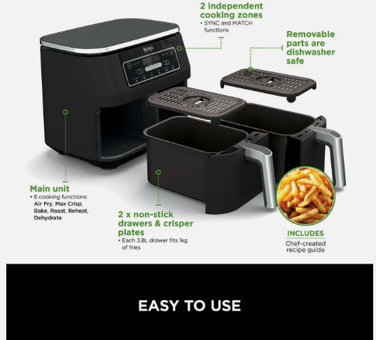 Ninja AF300UK Dual Zone Air Fryer Digital 7.6L